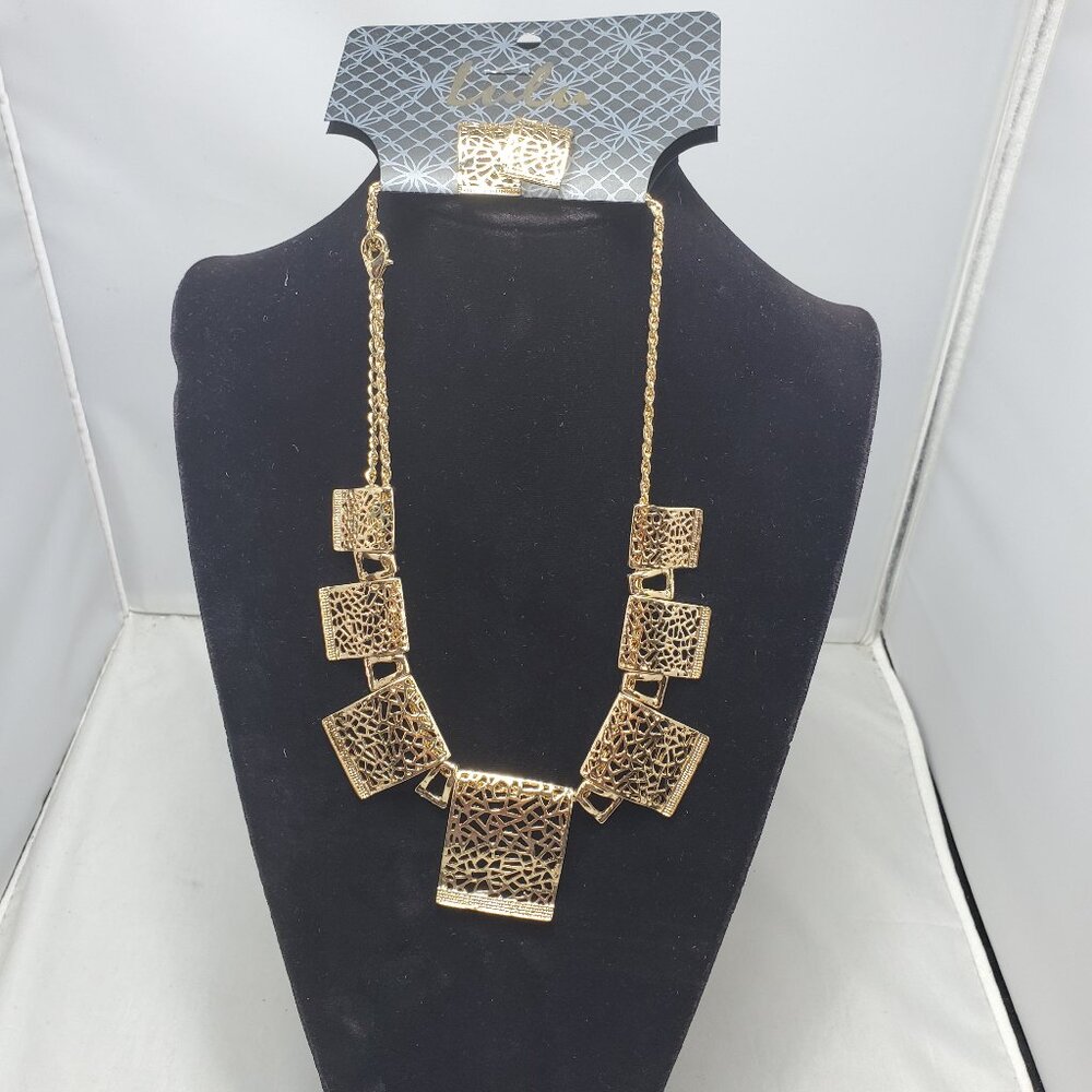 LULU Filigree Link Gold Choker Necklace with Matching Earrings Set